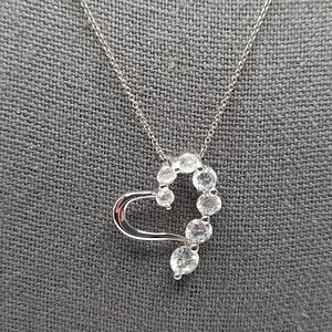 Vintage Italian Sterling Silver Heart Necklace, CZ Rhinestones, 17"
